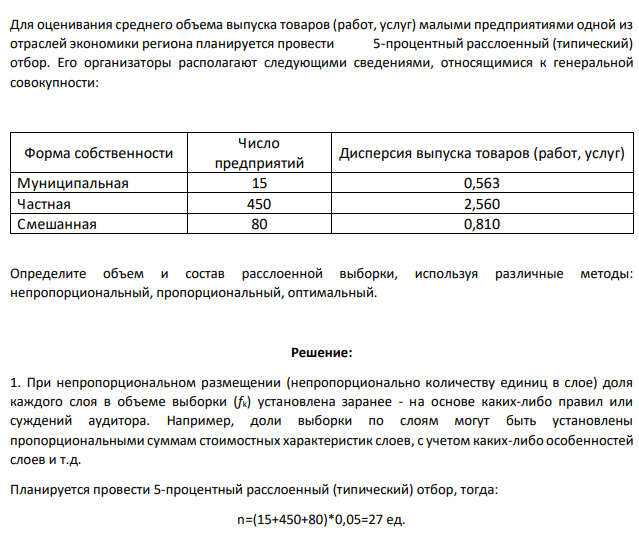 Для оценивания среднего объема выпуска товаров (работ, услуг) малыми предприятиями одной из отраслей экономики региона планируется провести 5-процентный расслоенный (типический) отбор