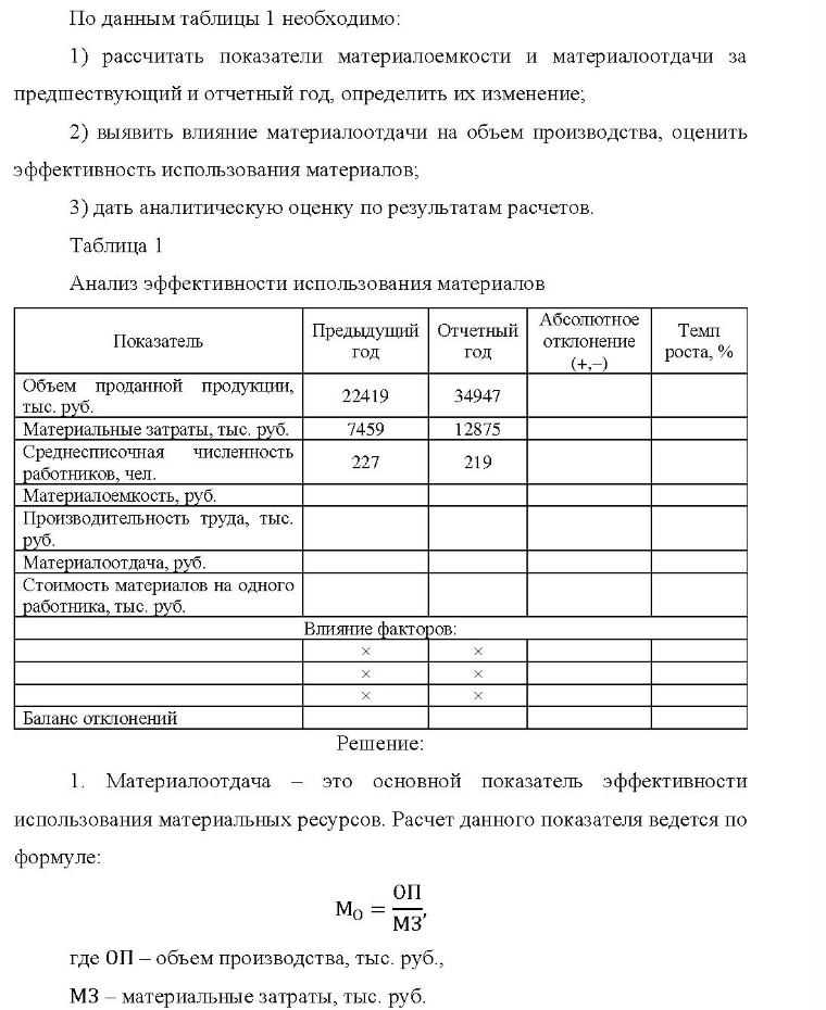 По данным таблицы 1 необходимо: 1) рассчитать показатели материалоемкости и материалоотдачи за 1) предшествующий и отчетный год, определить их изменение; 2) 2) выявить влияние материалоотдачи на объем производства, оценить эффективность использования