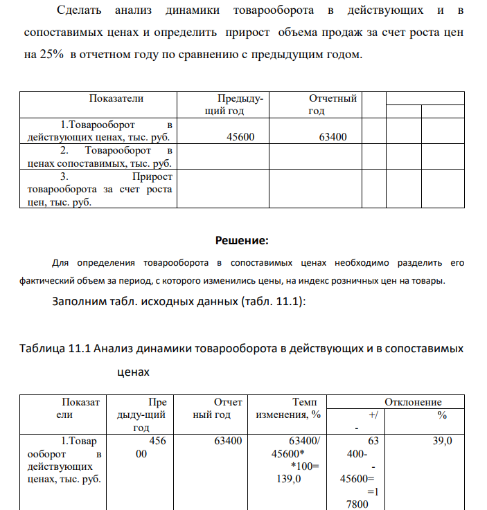 Сделать анализ динамики товарооборота в действующих и в сопоставимых ценах и определить прирост объема продаж за счет роста цен на 25% в отчетном году по сравнению с предыдущим годом. Показатели Предыдущий год Отчетный год 1.Товарооборот в действующих ценах, тыс. руб. 45600 63400 2. Товарооборот в ценах сопоставимых, тыс. руб. 3. Прирост товарооборота за счет роста цен, тыс. руб.