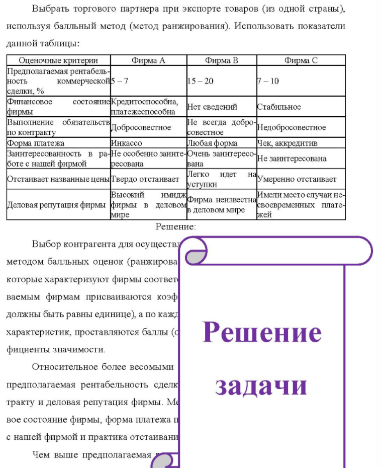 Выбрать торгового партнера при экспорте товаров (из одной страны), используя балльный метод (метод ранжирования). Использовать показатели данной таблицы: Оценочные критерии Фирма А Фирма В Фирма С Предполагаемая рентабельность