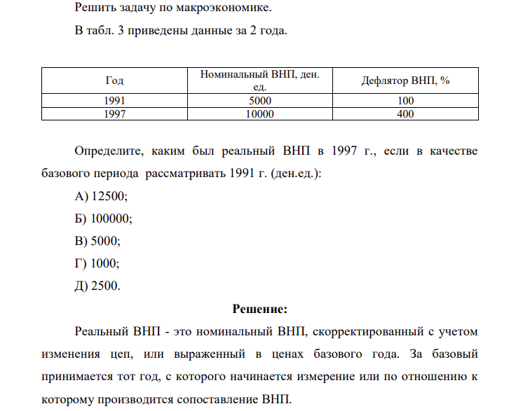 Решить задачу по макроэкономике. В табл. 3 приведены данные за 2 года. Год Номинальный ВНП, ден. ед. Дефлятор ВНП, % 1991 5000 100 1997 10000 400
