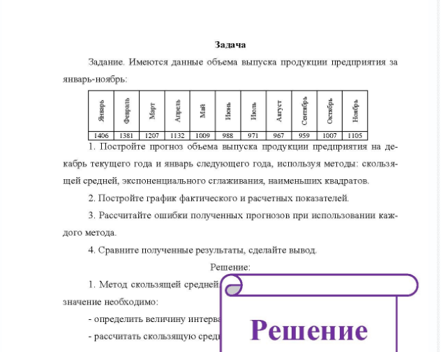 Задача Задание. Имеются данные объема выпуска продукции предприятия за январь-ноябрь: 1406 1381 1207 1132 1009 988 971 967 959 1007 1105 1. Постройте прогноз объема выпуска продукции предприятия на де- кабрь текущего года и январь следующего года, используя методы: скользя- щей средней, экспоненциального сглаживания, наименьших квадратов