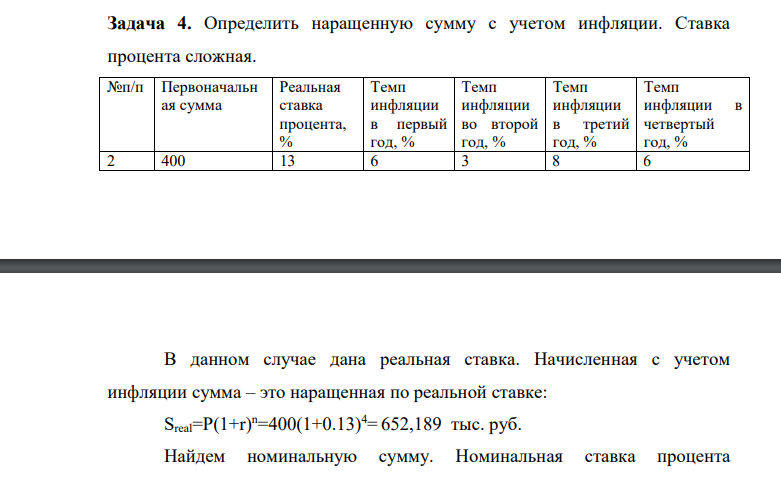 Определить наращенную сумму с учетом инфляции. Ставка процента сложная. №п/п Первоначальн ая сумма Реальная ставка процента, % Темп инфляции в первый год, % Темп инфляции во второй год, % Темп инфляции в третий год, % Темп инфляции в четвертый год, % 2 400 13 6 3 8 6