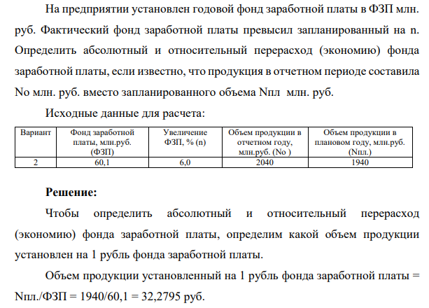 На предприятии установлен годовой фонд заработной платы в ФЗП млн. руб. Фактический фонд заработной платы превысил запланированный на n.