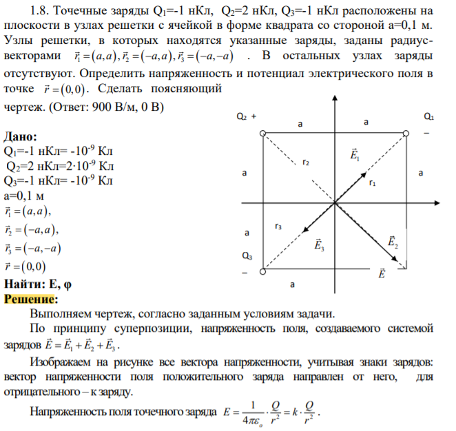 . Точечные заряды Q1=-1 нКл, Q2=2 нКл, Q3=-1 нКл расположены на плоскости в узлах решетки с ячейкой в форме квадрата со стороной а=0,1 м. Узлы решетки, в которых находятся указанные заряды, заданы радиусвекторами r a a r a a r a a 1 2 3 , , , , , 