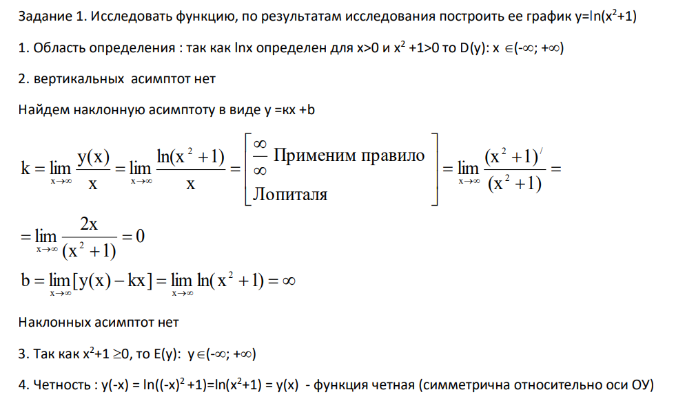 Исследовать функцию, по результатам исследования построить ее график у=ln(x 2+1) 1. Область определения : так как lnx определен для х>0 и x 2 +1>0 то D(y): x (-; +) 2. вертикальных асимптот нет