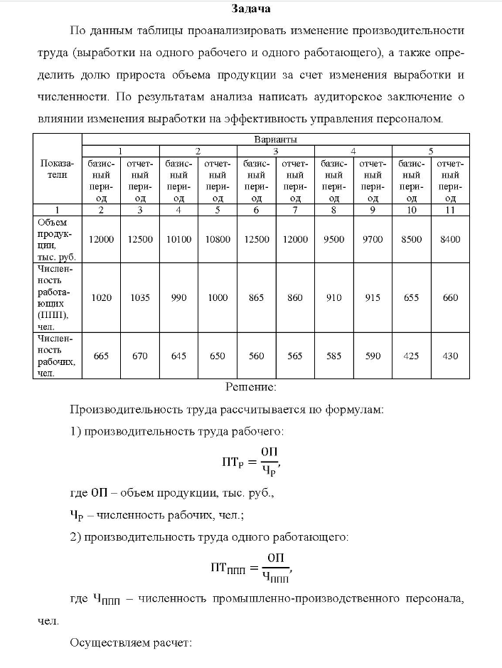 Задача По данным таблицы проанализировать изменение производительности труда (выработки на одного рабочего и одного работающего), а также опре- делить долю прироста объема продукции за счет изменения выработки и численности.