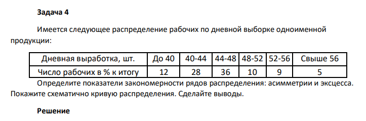 Имеется следующее распределение рабочих по дневной выборке одноименной продукции: Дневная выработка, шт. До 40 40-44 44-48 48-52 52-56 Свыше 56 Число рабочих в % к итогу 12 28 36 10 9 5 Определите показатели закономерности рядов распределения: асимметрии и эксцесса.