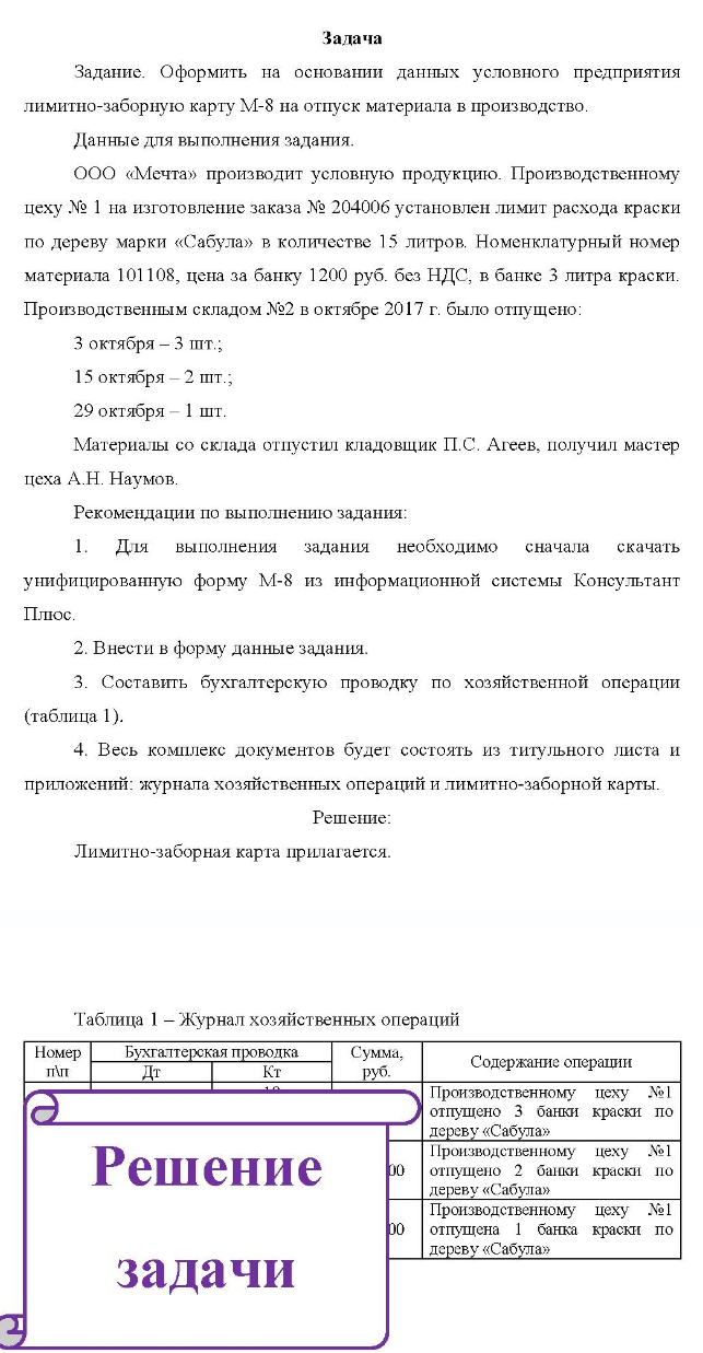 Оформить на основании данных условного предприятия лимитно-заборную карту М-8 на отпуск материала в производство. Данные для выполнения задания.