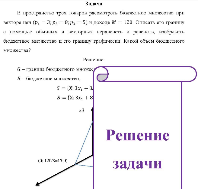 В пространстве трех товаров рассмотреть бюджетное множество при векторе цен (p1 = 3; p2 = 8; p3 = 5) и доходе М = 120. Описать его границу с помощью обычных и векторных неравенств и равенств, изобразить бюджетное множество и его границу графически.