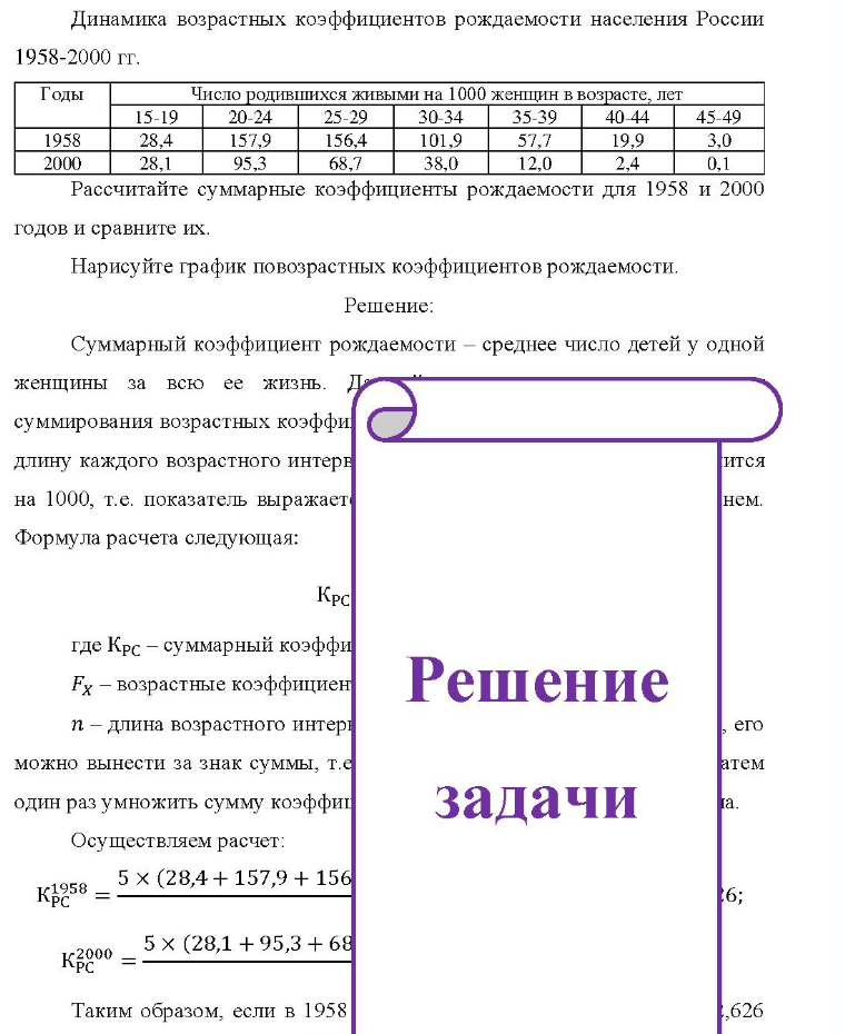 Динамика возрастных коэффициентов рождаемости населения России 1958-2000 гг. Год Годы Число родившихся живыми на 1000 женщин в возрасте, лет 1958 2000 15-19 28,4 28,1 20:24 157.9 95,3 25-29 156,4 68,7 30-34 35-39 101.9 51.7 38,0 12,0 40-44 45-49 19,9 3,0