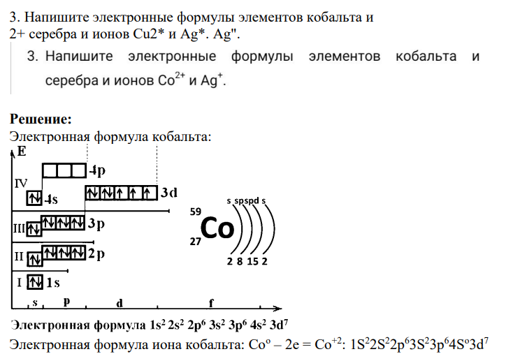 3. Напишите электронные формулы элементов кобальта и 2+ серебра и ионов Cu2* и Ag*. Ag".