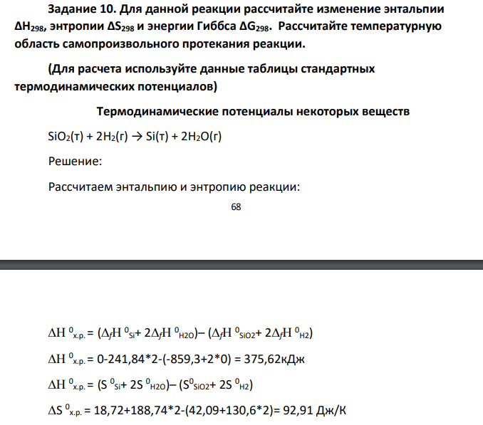 Для данной реакции рассчитайте изменение энтальпии ΔН298, энтропии ΔS298 и энергии Гиббса ΔG298. Рассчитайте температурную область самопроизвольного протекания реакции. (Для расчета используйте данные таблицы