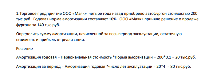Торговое предприятие ООО «Маяк» четыре года назад приобрело автофургон стоимостью 200 тыс.руб. Годовая норма амортизации составляет 10%. ООО «Маяк» приняло решение о продаже фургона за 140 тыс.руб.