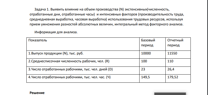Выявить влияние на объем производства (N) экстенсивных(численность, отработанные дни, отработанные часы) и интенсивных факторов (производительность труда, среднедневная выработка, часовая выработка) использования трудовых ресурсов, используя прием умножения разностей абсолютных величин, интегральный метод факторного анализа.