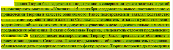 1 июня Тюрин был задержан по подозрению в совершении кражи золотых изделий из ювелирного магазина «Ювелия».