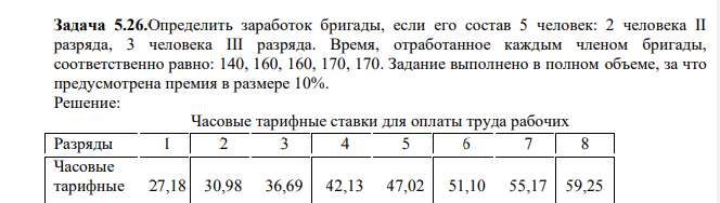 Определить заработок бригады, если его состав 5 человек: 2 человека II разряда, 3 человека III разряда. Время, отработанное каждым членом бригады, соответственно равно: 140, 160, 160, 170, 170. Задание выполнено в полном объеме, за что предусмотрена премия в размере 10%.