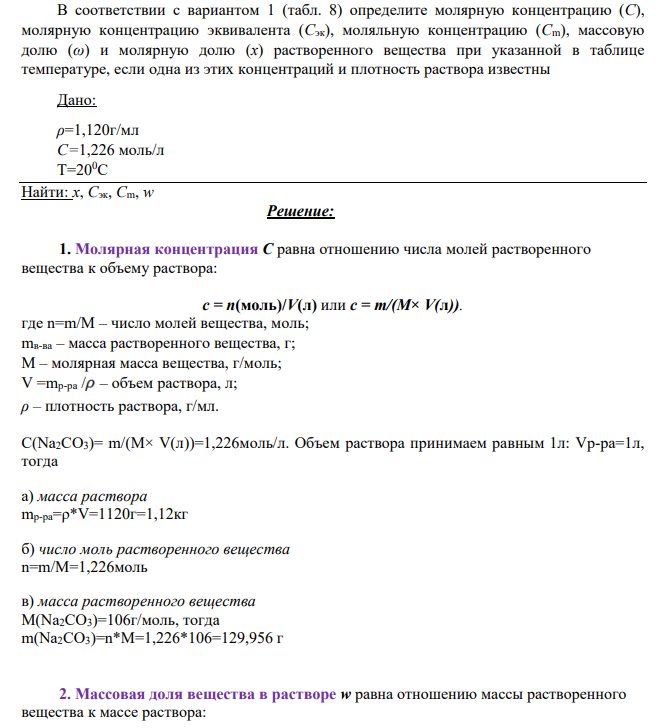 В соответствии с вариантом 1 (табл. 8) определите молярную концентрацию (С), молярную концентрацию эквивалента (Сэк), моляльную концентрацию (Сm), массовую долю (ω) и молярную долю (х) растворенного вещества при указанной в таблице температуре, если одна из этих концентраций и плотность раствора известны Дано: ρ=1,120г/мл C=1,226 моль/л T=200C Найти: х, Сэк, Сm, w