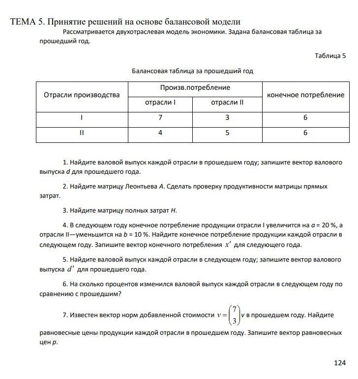 Принятие решений на основе балансовой модели Рассматривается двухотраслевая модель экономики. Задана балансовая таблица за прошедший год. Таблица 5 Балансовая таблица за прошедший год