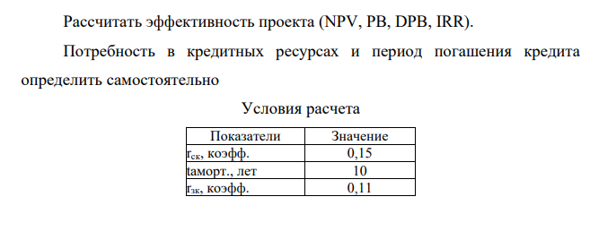 Рассчитать эффективность проекта (NPV, PB, DPB, IRR). Потребность в кредитных ресурсах и период погашения кредита определить самостоятельно