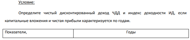 Определите чистый дисконтированный доход ЧДД и индекс доходности ИД, если капитальные вложения и чистая прибыли характеризуется по годам.