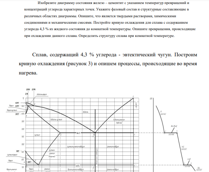 Изобразите диаграмму состояния железо – цементит с указанием температур превращений и концентраций углерода характерных точек. Укажите фазовый состав и структурные составляющие в различных областях диаграммы. Опишите, что является твердыми растворами, химическими соединениями и механическими смесями.