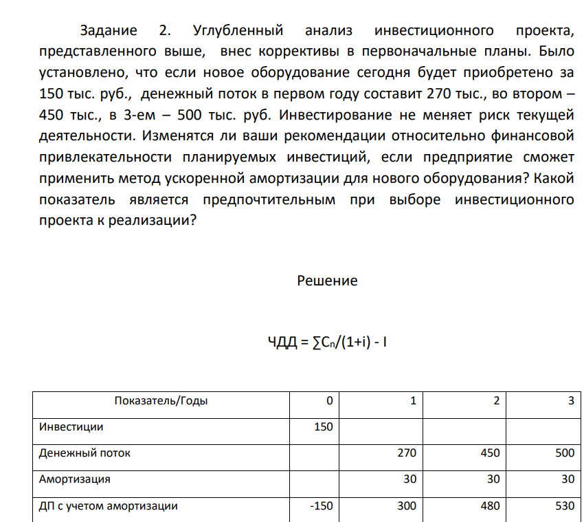 Углубленый анализ инвестиционного проекта, представленного выше, внес коррективы в первоначальные планы. Было установлено, что если новое оборудование сегодня будет приобретено за 150 тыс. руб., денежный поток в первом году составит 270 тыс., во втором – 450 тыс., в 3-ем – 500 тыс. руб.