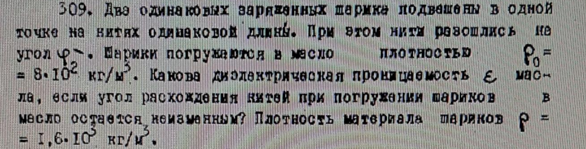 Два одинаковых заряженных шарика подвешены в одной точке на нитях одинаковой длины. При этом нить разошлись на угол фи.