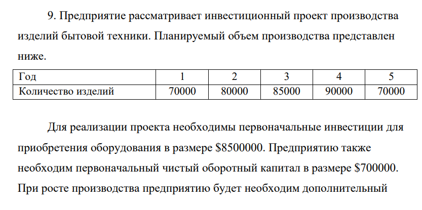 Предприятие рассматривает инвестиционный проект производства изделий бытовой техники. Планируемый объем производства представлен ниже.