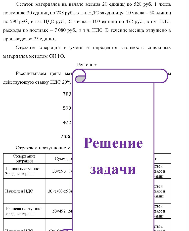 Остаток материалов на начало месяца 20 единиц по 520 руб. 1 числа поступило 30 единиц по 708 руб. , в т.ч. НДС за единицу. 10 числа - 50 единиц по 590 руб. , в т.ч. НДС руб. , 25 числа - 100 единиц по 472 руб. , в т.ч. НДС, расходы по