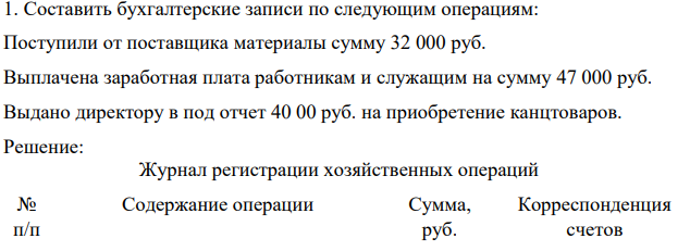 Составить бухгалтерские записи по следующим операциям: Поступили от поставщика материалы сумму 32 000 руб. Выплачена заработная плата работникам и служащим на сумму 47 000 руб. Выдано директору в под отчет 40 00 руб. на приобретение канцтоваров.
