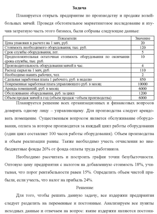 Планируется открыть предприятие по производству и продаже волей- больных мячей. Проведя обстоятельное маркетинговое исследование и изу- чив затратную часть этого бизнеса, были собраны следующие данные: Показатели Значение Цена упаковки в расчете на 1 мяч, руб.