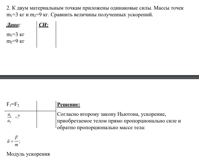 К двум материальным точкам приложены одинаковые силы. Массы точек m1=3 кг и m2=9 кг. Сравнить величины полученных ускорений.