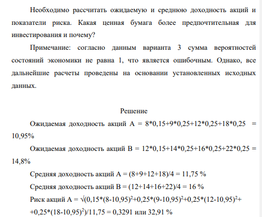 Имеются данные о ценных бумагах производственных компаний А и В. Состояние экономики Доходность акций А, % Доходность акций В, % Спад 8 12 Без изменения 9 14 Незначительный подъем 12 16 Существенный подъем 18 22