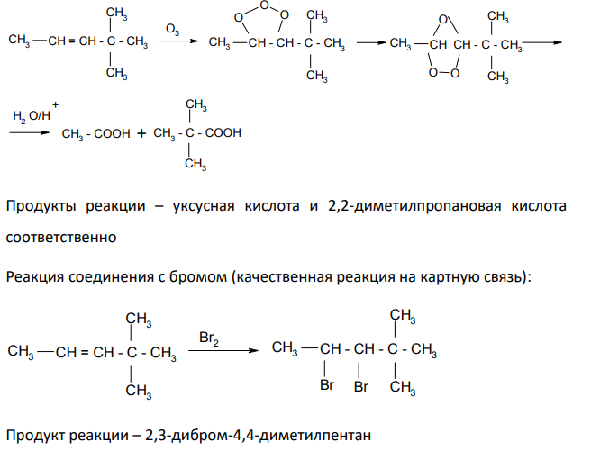 Напишите возможные схемы реакций окисления по кратной связи 4,4-диметил-2-пентена. Будет ли реагировать исходное соединение с бромом и бромоводородом?