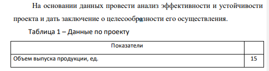 На основании данных провести анализ эффективности и устойчивости проекта и дать заключение о целесообразности его осуществления. Таблица 1 – Данные по проекту Показатели Объем выпуска продукции, ед. 15 Показатели Прирост выпуска в год, ед. 10 Цена продукции, ден. ед. / ед. 1 Прирост цены в год, ден. ед. 5