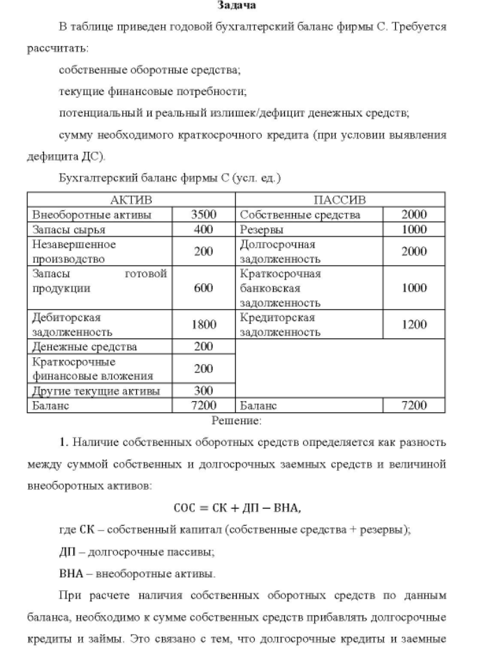 В таблице приведен годовой бухгалтерский баланс фирмы С. Требуется рассчитать: собственные оборотные средства; текущие финансовые потребности; потенциальный и реальный излишек/дефицит денежных средств; сумму необходимого краткосрочного кредита (при условии выявления дефицита ДС).