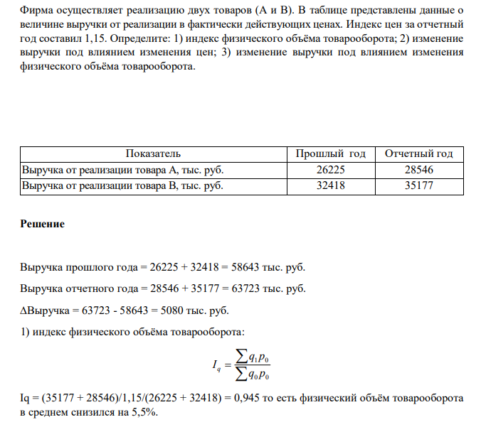 Фирма осуществляет реализацию двух товаров (А и В). В таблице представлены данные о величине выручки от реализации в фактически действующих ценах. Индекс цен за отчетный год составил 1,15. Определите