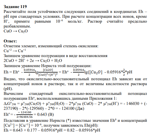Задание 119 Рассчитайте поля устойчивости следующих соединений в координатах Eh – pH при стандартных условиях. При расчете концентрации всех ионов, кроме Н+ , примите равными 10–6 моль/кг. Раствор считайте предельно разбавленным. CuO → Cu2O