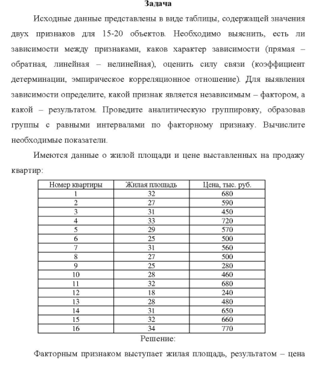 Исходные данные представлены в виде таблицы, содержащей значения двух признаков для 15-20 объектов. Необходимо выяснить, есть ли зависимости между признаками, каков характер зависимости (прямая - обратная, линейная - нелинейная), оценить силу связи (коэффициент детерминации, эмпирическое корреляционное отношение).