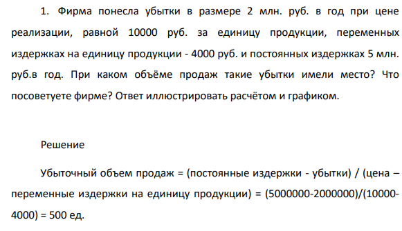 Фирма понесла убытки в размере 2 млн. руб. в год при цене реализации, равной 10000 руб. за единицу продукции, переменных издержках на единицу продукции - 4000 руб. и постоянных издержках 5 млн. руб.в год. При каком объёме продаж такие убытки имели место?