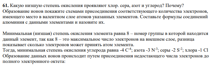 Какую низшую степень окисления проявляют хлор. сера, азот и углерод? Почему?