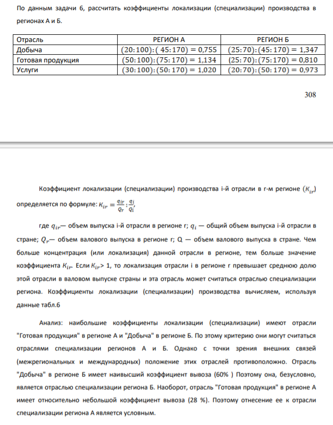 По данным задачи 6, рассчитать коэффициенты локализации (специализации) производства в регионах А и Б.По данным задачи 6, рассчитать коэффициенты локализации (специализации) производства в регионах А и Б.