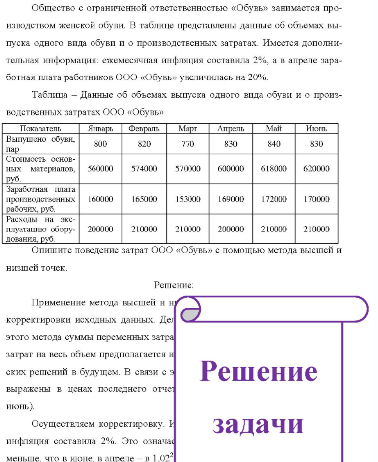 Общество с ограниченной ответственностью «Обувь» занимается про- изводством женской обуви. В таблице представлены данные об объемах вы- пуска одного вида обуви и о производственных затратах. Имеется дополни- тельная информация: ежемесячная инфляция составила 2%, а в апреле