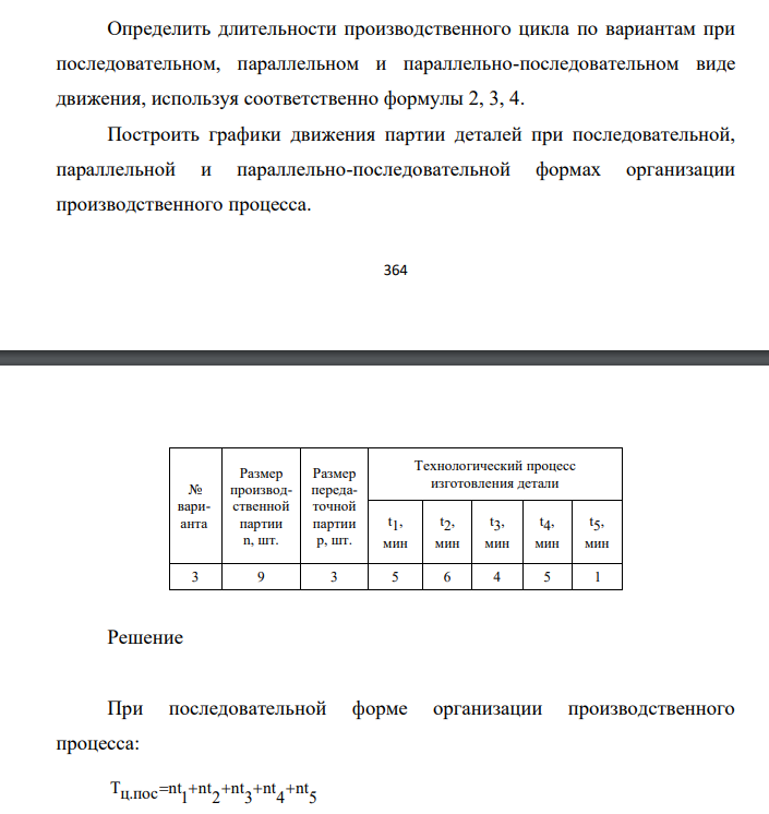 Определить длительности производственного цикла по вариантам при последовательном, параллельном и параллельно-последовательном виде движения, используя соответственно формулы 2, 3, 4. Построить графики движения партии деталей при последовательной, параллельной и параллельно-последовательной формах организации производственного процесса.