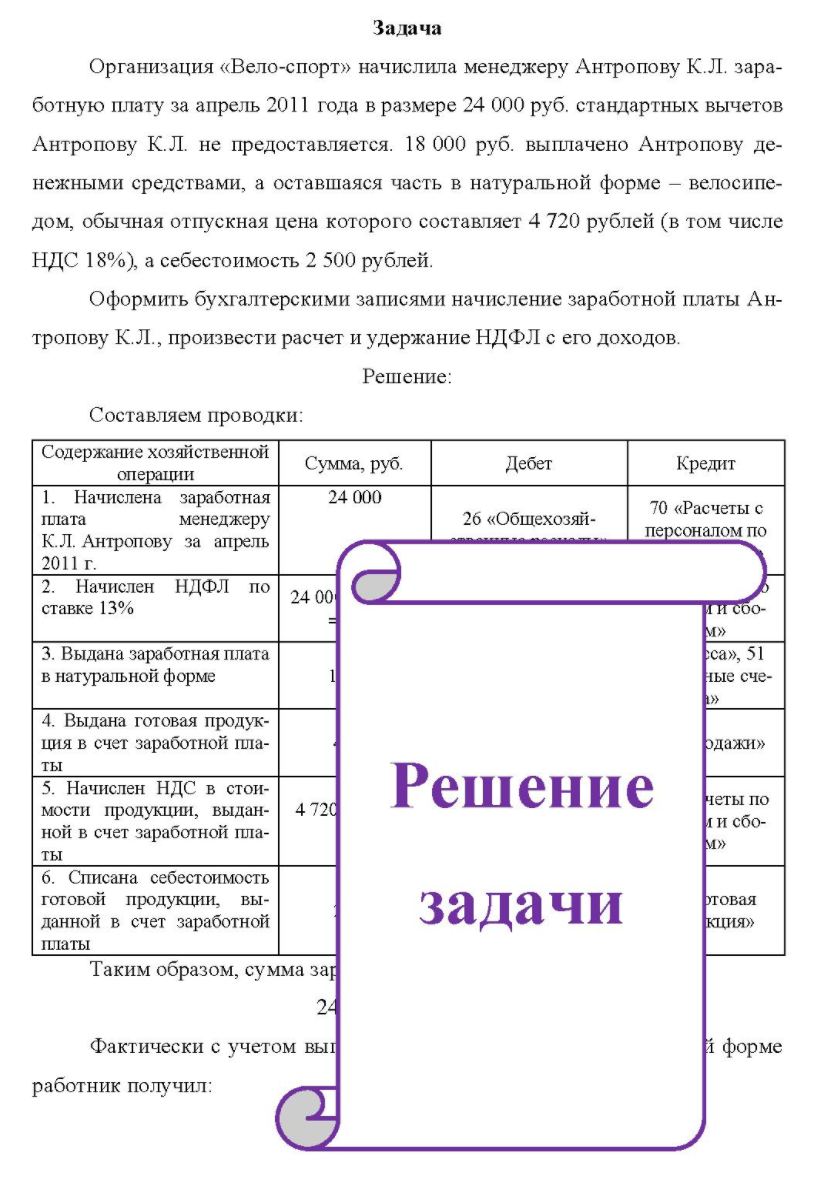 Организация «Вело-спорт» начислила менеeджеру Антропову К.Л. зара- ботную плату за апрель 2011 года в размере 24 000 руб. стандартных вычетов Антропову К.Л. не предоставляется. 18 000 руб. выплачено Антропову де- нежными средствами, а оставшаяся часть в натуральной форме - велосипедом, обычная отпускная цена которого составляет 4 720 рублей (