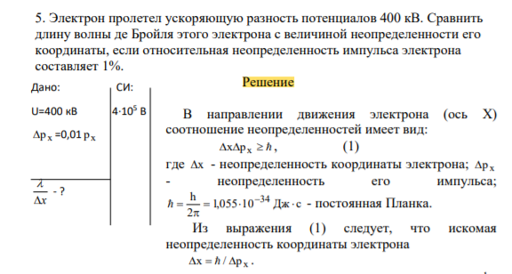 Электрон пролетел ускоряющую разность потенциалов 400 кВ. Сравнить длину волны де Бройля этого электрона с величиной неопределенности его координаты, если относительная неопределенность импульса электрона составляет 1%.