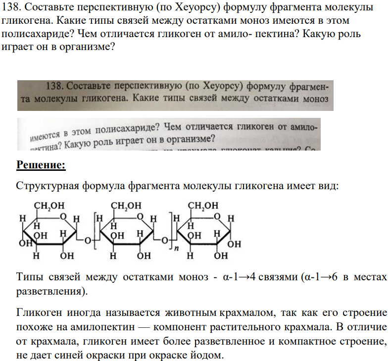 Составьте перспективную (по Хеуорсу) формулу фрагмента молекулы гликогена. Какие типы связей между остатками моноз имеются в этом полисахариде? Чем отличается гликоген от амило- пектина? Какую роль играет он в организме?