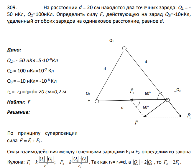 На расстоянии d = 20 см находятся два точечных заряда: Q1 = - 50 нКл, Q2=100нКл. Определить силу F, действующую на заряд Q3=-10нКл, удаленный от обоих зарядов на одинаковое расстояние, равное d. Дано: Q1=- 50 нКл=510-8Кл