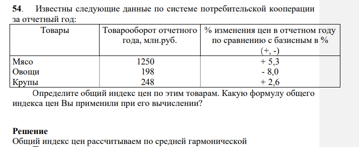 Известны следующие данные по системе потребительской кооперации за отчетный год: Товары Товарооборот отчетного года, млн.руб. % изменения цен в отчетном году по сравнению с базисным в % (+, -)